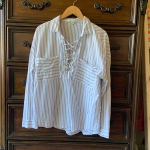 Tassels n lace - large long sleeve shirt - striped white and blue